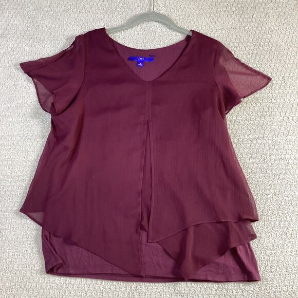 APT.9 Burgundy Sheer Layered V-Neck‎ Blouse Size Medium - Picture 1 of 6